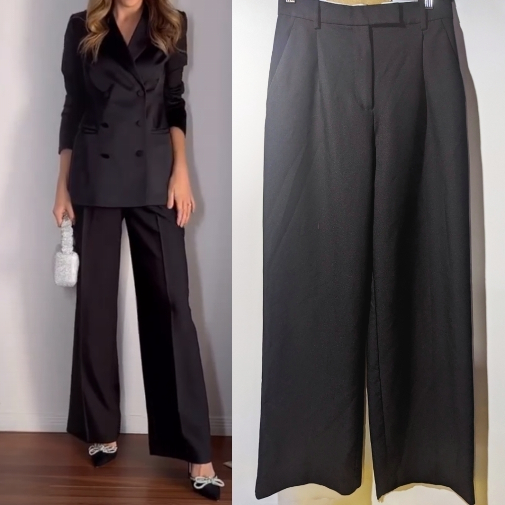 NEW Zara | Pleated Wide-leg Trousers in Black
